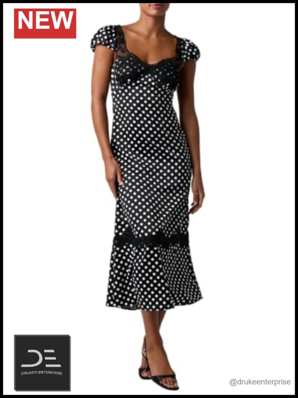 Polka Dot Midi Dress Sweetheart Neckline Lace Detail